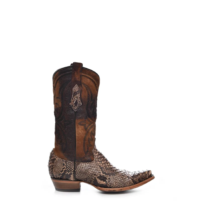 Corral Mens Embroidery Lamb Snip Toe Brown Python 12in Cowboy Boots