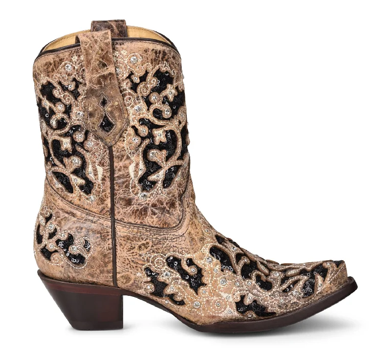 Corral Womens Glitter Inlay Floral Overlay Brown/Black Cowhide 8in Cowboy Boots