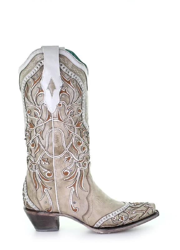 Corral Womens Stud Overlay Cowboy Boots Leather White