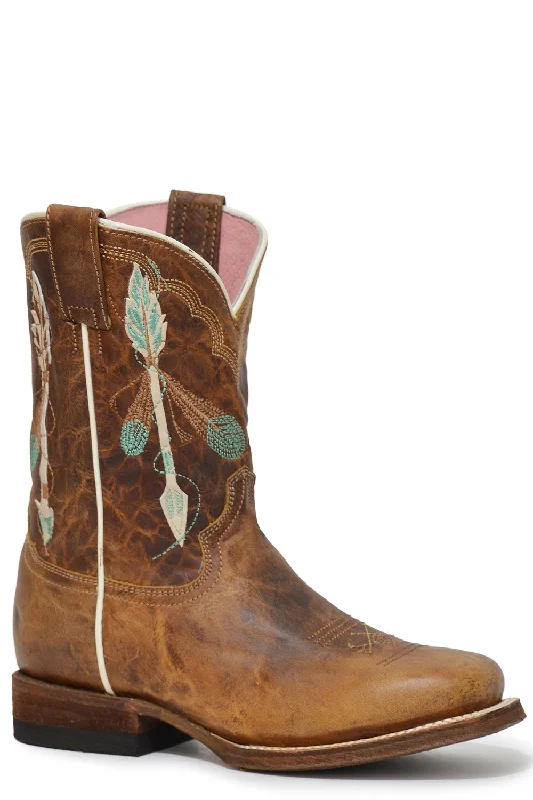 Roper Girls Kids Waxy Brown Leather Arrow Feather Cowboy Boots