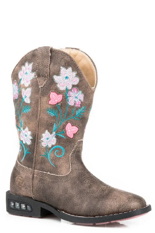 Roper Kids Girls Brown Faux Leather Dazzle Floral Lights Cowboy Boots