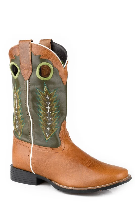 Roper Mens James Tan/Green Leather Cowboy Boots