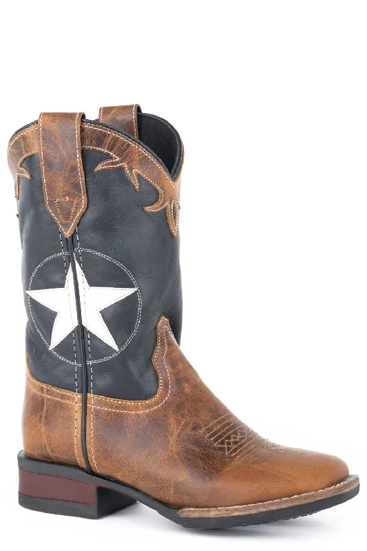 Roper Youth Boys Tan/Navy Leather Monterey Star Cowboy Boots