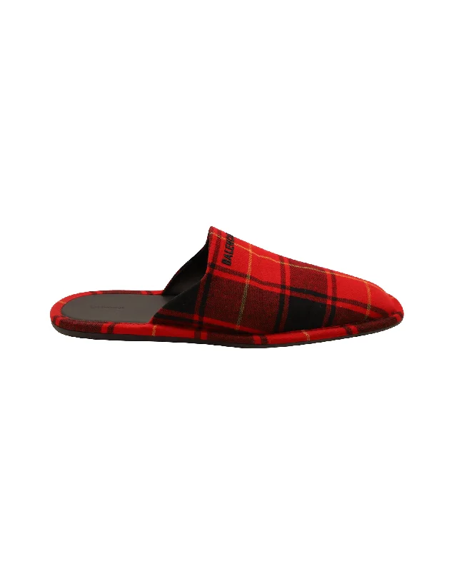 Balenciaga Logo-Embroidered Tartan Flannel Slippers in Red Wool