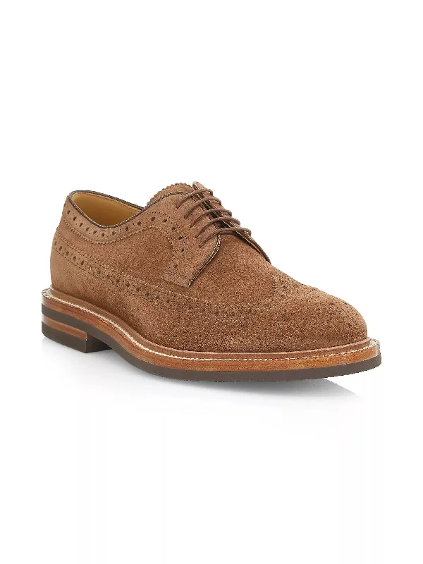 Brunello Cucinelli Mens Suede Lace-Up Brogues in Chestnut