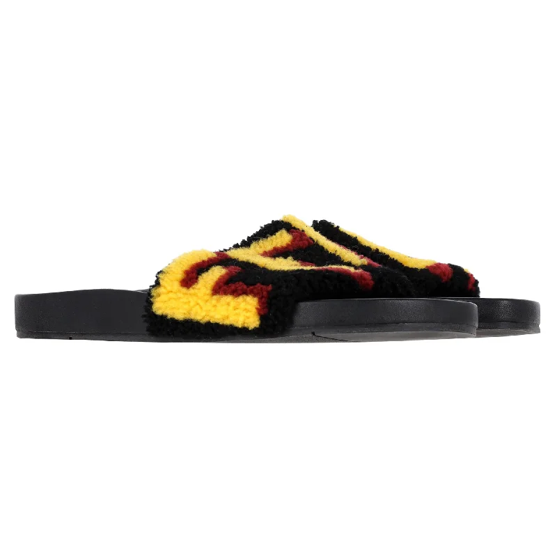 Fendi Shearling Logo Slides in Black Rubber