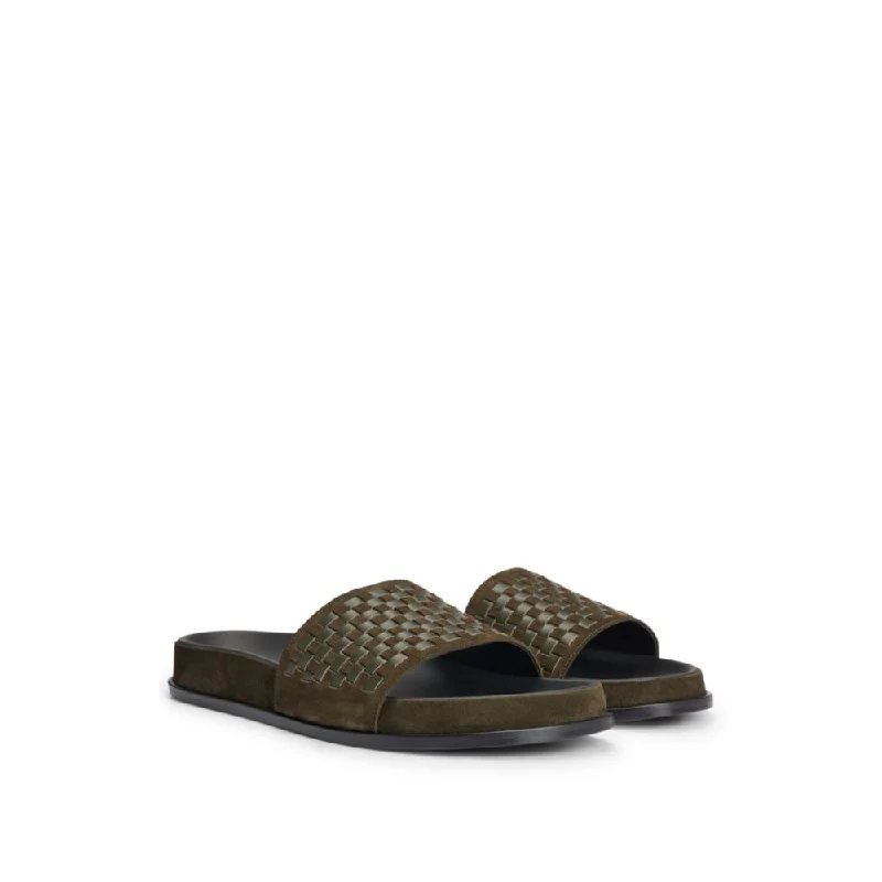 Mixed-leather slides with woven upper strap