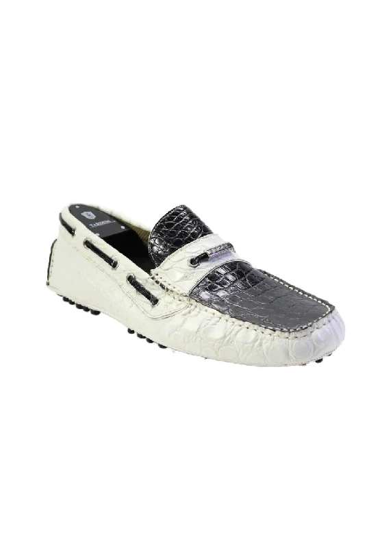 Tardini Mens Alligator Leather Slip On Driver Moccasins White Black