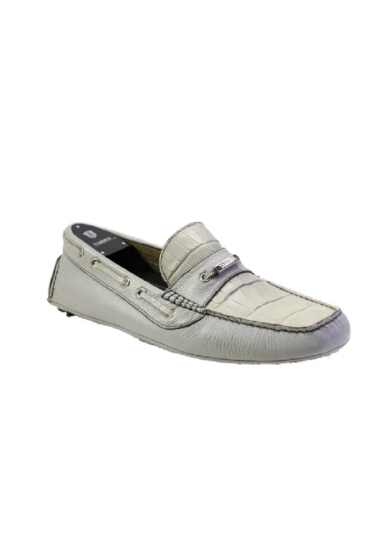 Tardini Mens Italian Leather Alligator Skin Slip On Driver Moccasins Gray