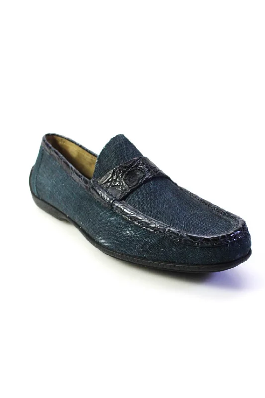 Tardini Mens Leather Alligator Trim Caldi Apron Toe Moccasins Blue