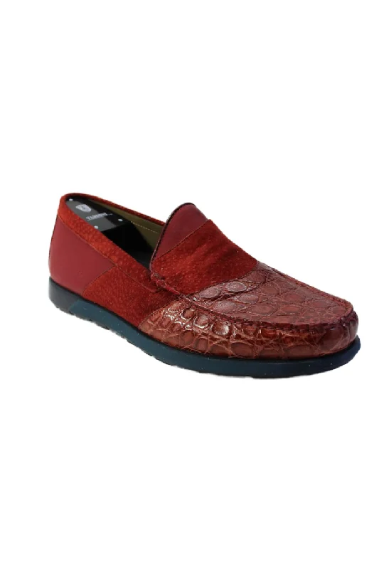 Tardini Mens Peccary Leather Alligator Print Slip On Loafers Dark Red